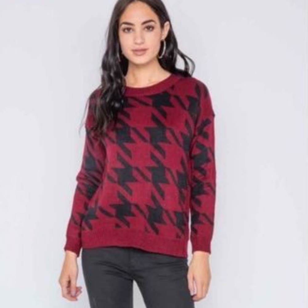 Burgundydy Plaid Geo Print Crew Neck Dweater